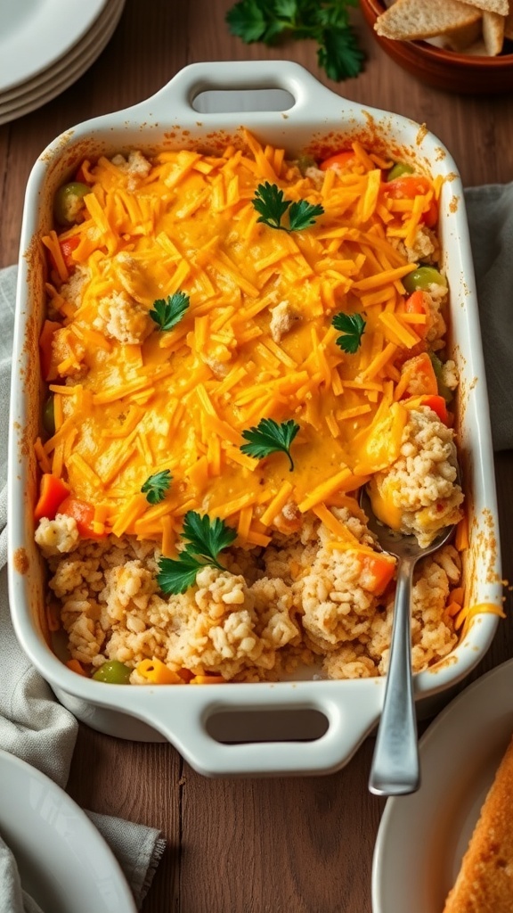 A hearty chicken and rice casserole in a large baking dish, topped with cheese and garnished with parsley.